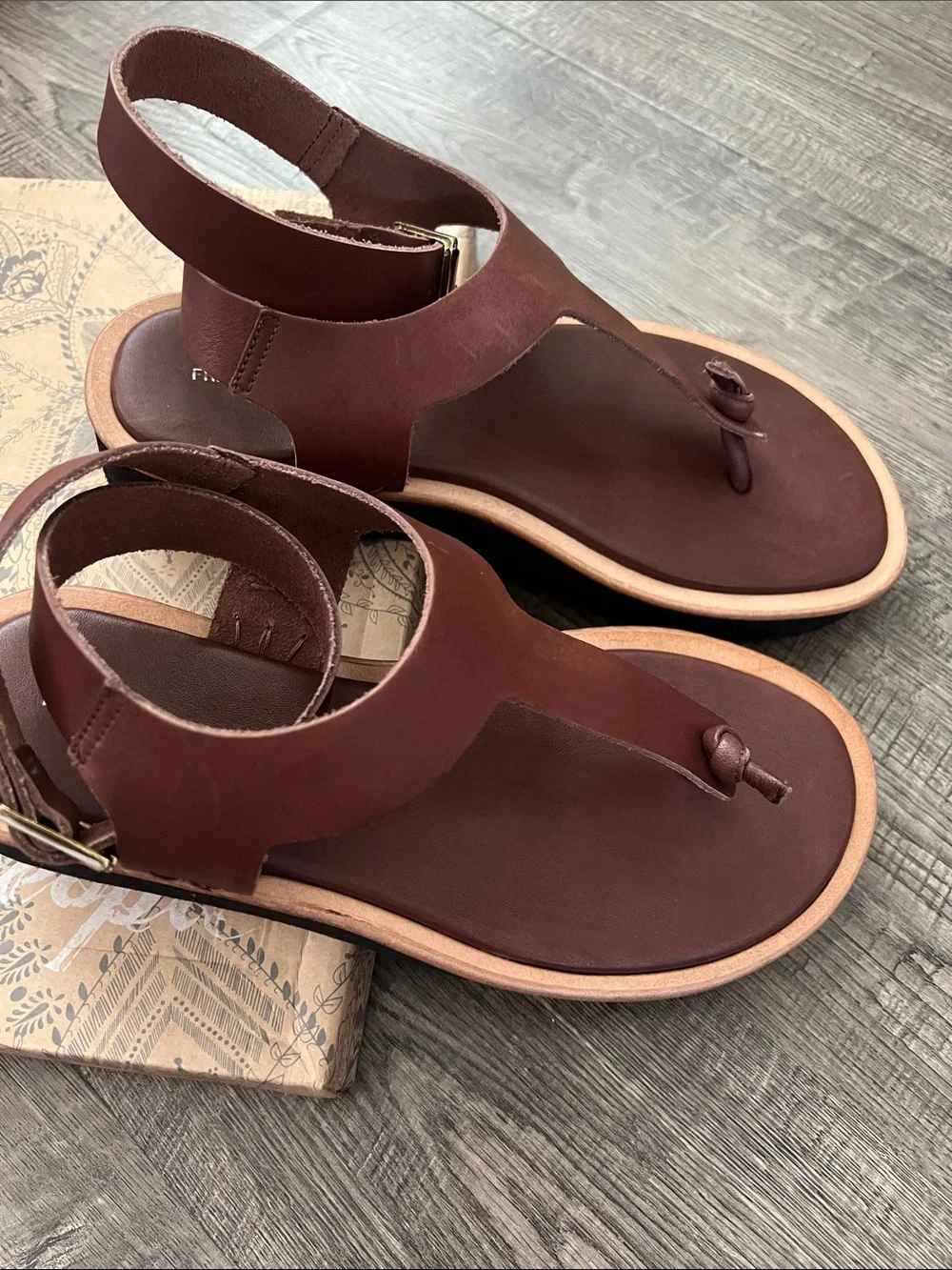 Free People Evie Wrap Coconut Shell Brown Leather T-Strap Sandals